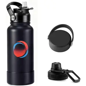 32 oz Insulated Water Bottle with 3  (Straw, Spout and Handle Lid), Keep Cold 40H, Leak-proof & , Stainless Steel Drinking Flask for , Travel, Camping, Hiking and School (Black)