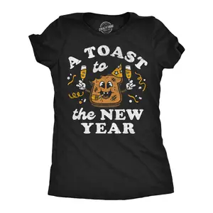 Womens Funny T Shirts A Toast To A New Year Sarcastic New Years Eve Graphic Novelty Tee For Ladies Funny Womens T Shirts Cute Vintage Fashion Casual Ladies T-Shirt Gift New Years Tops for Women Funny Food Top Black -