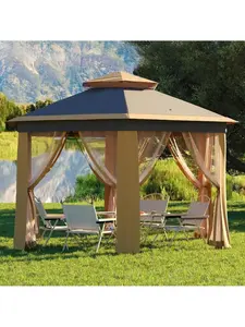 【Christmas Gift】Khaki- Pop Up Gazebo, 13 X 13FT Hexagonal Outdoor Canopy Shelter, Instant Patio Gazebo Tent With Mesh Netting And Strong Steel Frame For Patio Backyard Garden Wedding Party