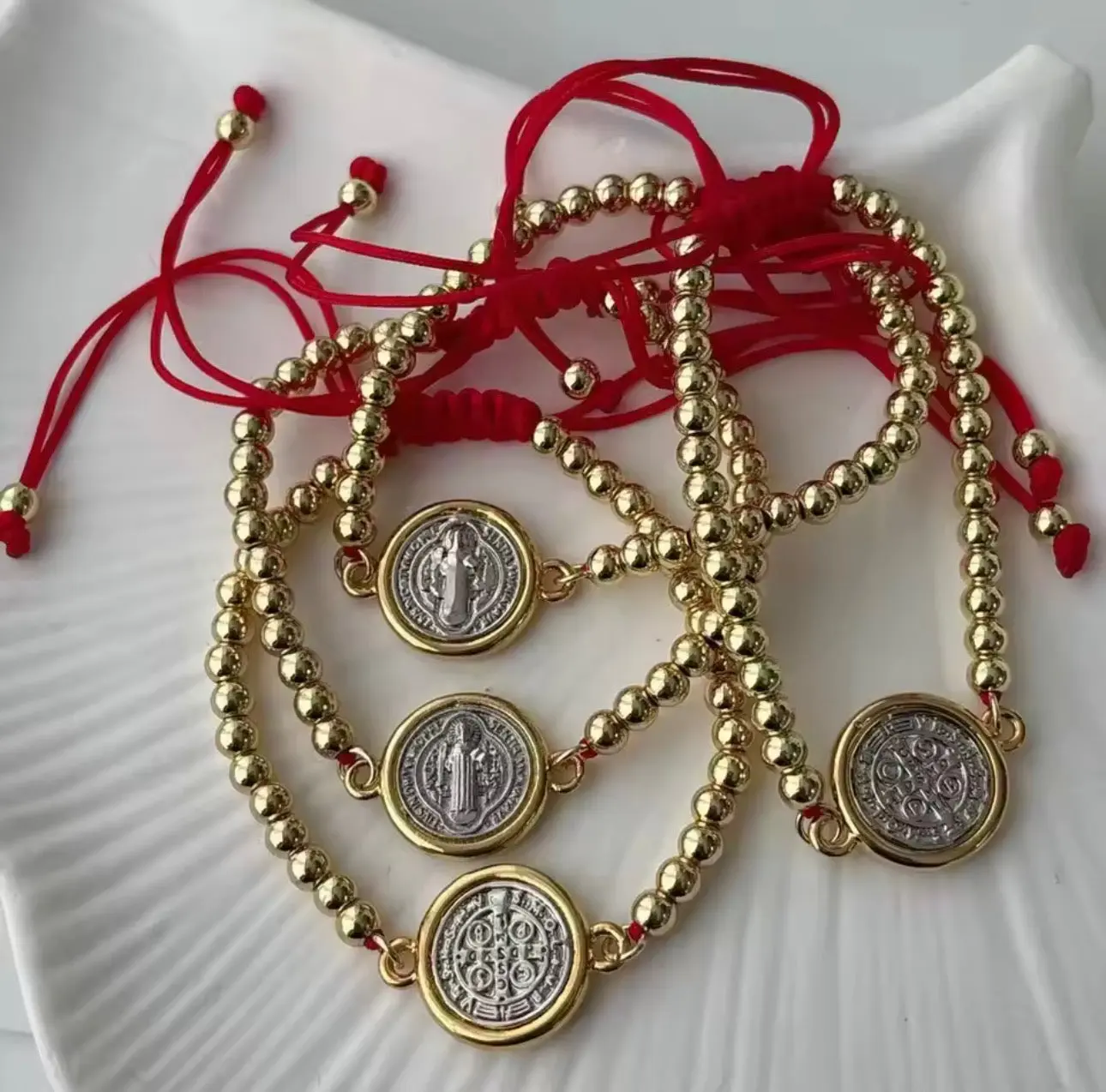 Saint Benedict Red String Bracelet Adjustable 18K Gold Plated Two Tone Catholic Bracelet, Saint Benedict Medal, Medal Charm