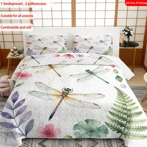 3pcs, 2D flat print Watercolor Dragonfly & Floral Bedspread Set, Nature Insect Theme, multiple sizes available, bedding set, festive decorative bedding, ideal for bedroom décor(1 bedspread , 2 pillowcase)