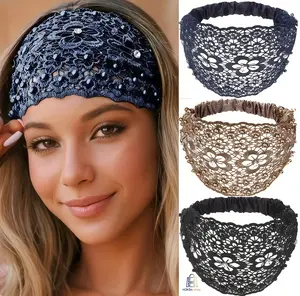 3PCS Floral Hollow Lace Wide Headband Beaded Rhinestone Decor Elastic Ruched Hair Wrap Breathable Crochet Turban Head Hoops Non Slip Vintage Boho Hair Accessories for Daily Washing Face Party Travel Women