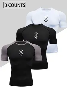 Men's 3-Pack Quick-Dry Compression T-Shirts, High Stretch Moisture-Wicking Sports Tops, Breathable Gym Wear for All Seasons