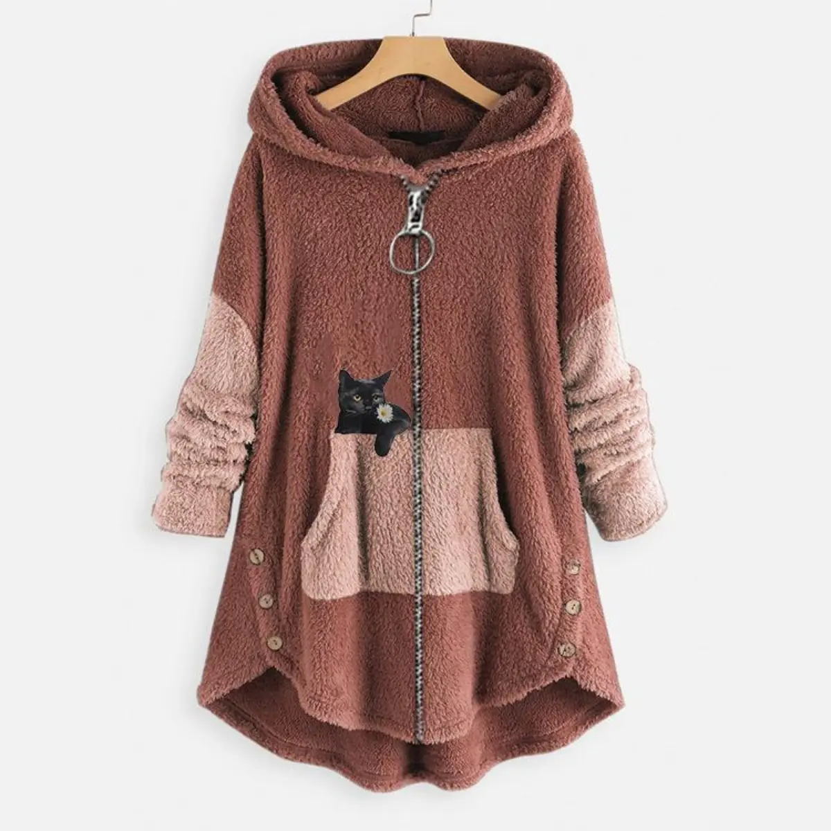 Women's Fleece Zip Up Hooded Jacket, Loose Long Sleeve Patchwork Casual Warm Mid-Length Outerwear
