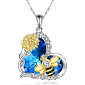 Sunflower Bee necklace Sterling Silver Heart Crystal Pendant Jewelry Gifts for Women