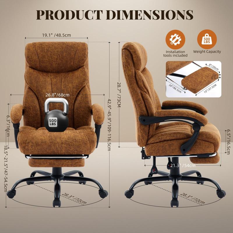 Big and Tall Office Chairs with Foot Rest,500LBS Wide Ergonomic Gaming Chair,90-155°Recline Executive Leather Computer Chairs, Brown Color cola  my office  chair Office Chair with Footrest