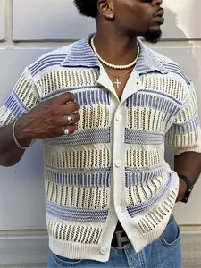 Men's Casual Knit Cardigan with Buttons, Polo Neck Hollow Out Design, Short Sleeve Knitted Sweater for Spring Summer, Office School Vacation Commute Knitwear