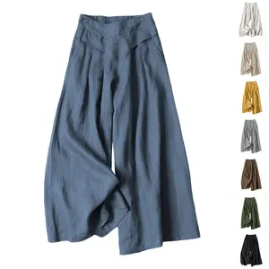 Tanming Women's Cotton Linen Culottes Pants Elastic Waist Wide Leg Palazzo Trousers Capri Pants with Pockets