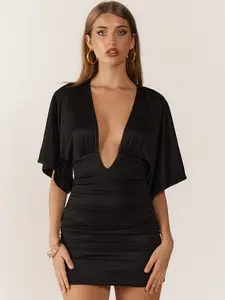 Women's Deep V Neck Batwing Sleeve Dress, Backless Lace-Up Design, Waist Side Ruched Cut, Bodycon Fit, Perfect for Dates and Parties