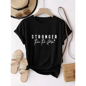 Women's Athletic Activewear T-Shirt - "STRONGER Than The Storm" Motivational Print, Personalized Pattern, Short-Sleeve Round Neck, Comfortable Sports Clothes for Casual Daily Use