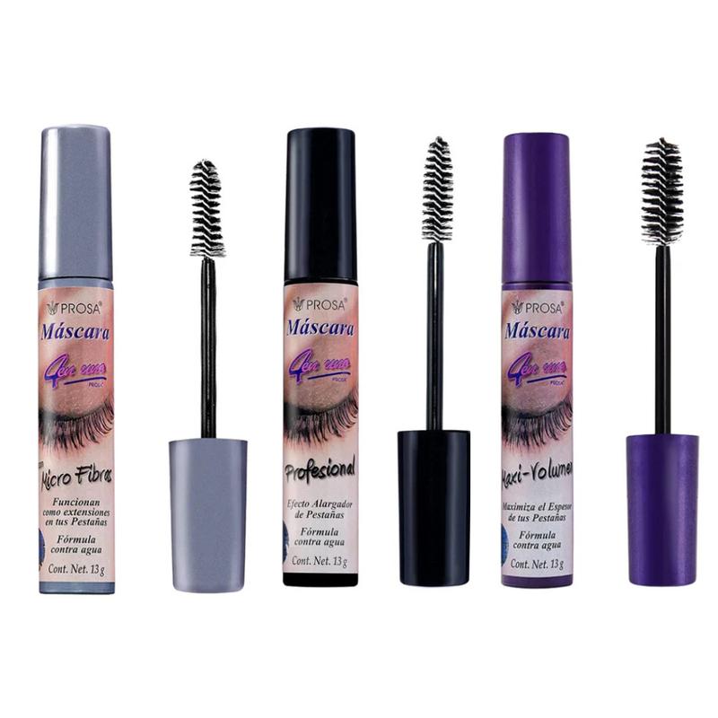 Prosa 4 in 1 (3 Pack) Mascara Maxi Volumen, Mascara with Micro Fibras, Professional Black, 4 in 1 Eyelash Makeup Volumizing Waterproof Cosmetic