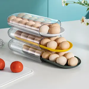 Stackable egg organizer with quick-release inner tray for organization and storage, refrigerator egg rack, automatic rolling egg container, clear plastic egg dispenser