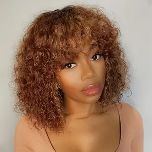 Sell like hot cakes 2024 NEW Short Kinky Curly Bob Wig Colored Human Hair Wigs For Women Brazilian Ombre Brown Deep Wavy Wig With Bangs Jerry Curly Human Hair Wig 180%