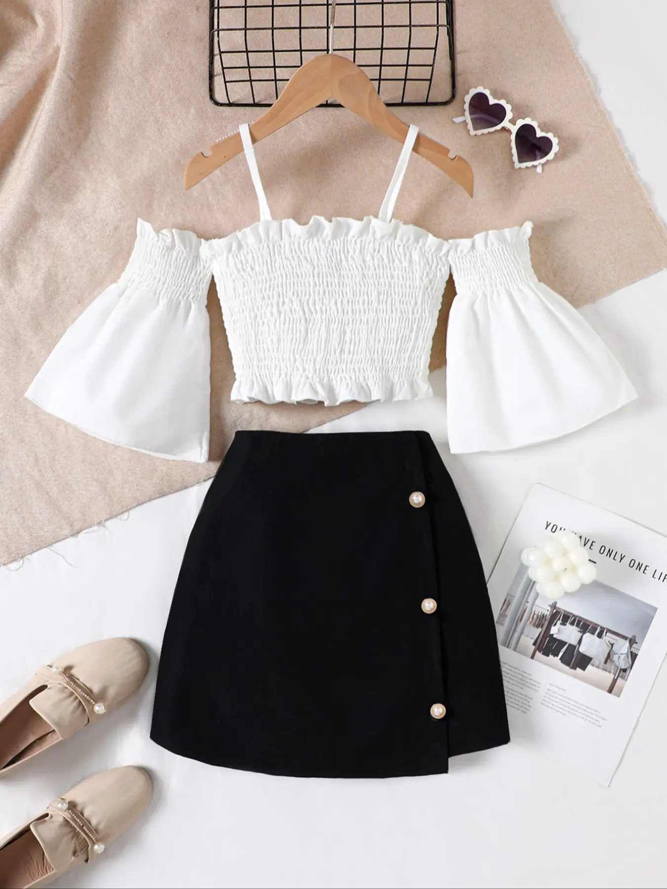 Elegant Girl A-Line Dress Set, Flounce Sleeve One Shoulder Floral Top + A-Line Skirt Two-Piece, Summer Casual Holiday, Fashion Clothes Set, Summer Clothing Set, Summer Outfits Set