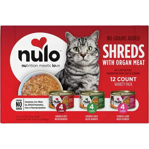 Nulo Real Shreds with Organ Meat Wet Canned Cat Food, Variety Flavors, 2.8 Ounce, 12 Cans