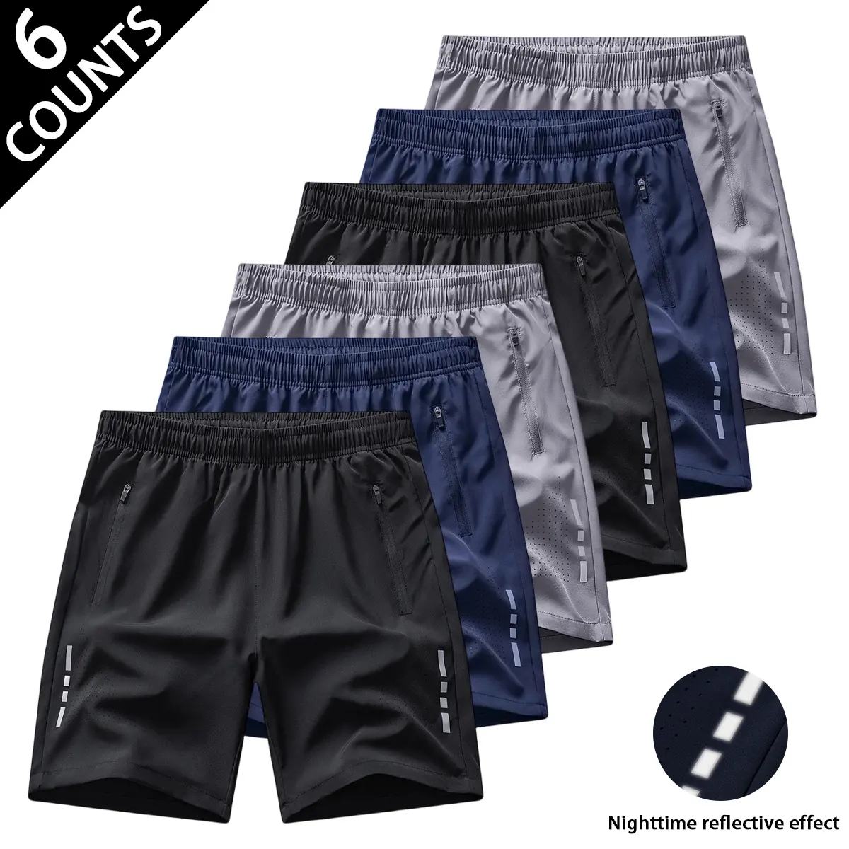 Men's 5-Pack Quick-Dry Reflective Athletic Shorts - Dry-Fit, Lightweight, Technical Pullstring Men's Shorts with Breathable Fabric, Zipper Pockets, Nighttime Reflective Strips, Elastic Waist, Moisture-Wicking for Night Running, Gym, Dry-Fit Men's Shorts