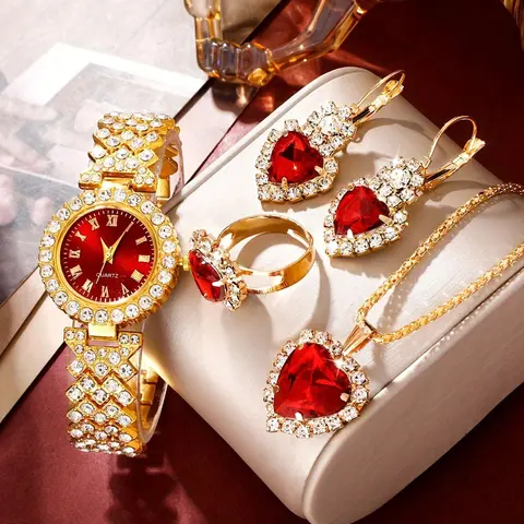 Women's Elegant Fashion Watch & Matching Jewelry Set, Including Round Dial Analog Quartz Watch & Heart Shaped Pendant Necklace & Earrings & Ring, Jewelry Gift Set
