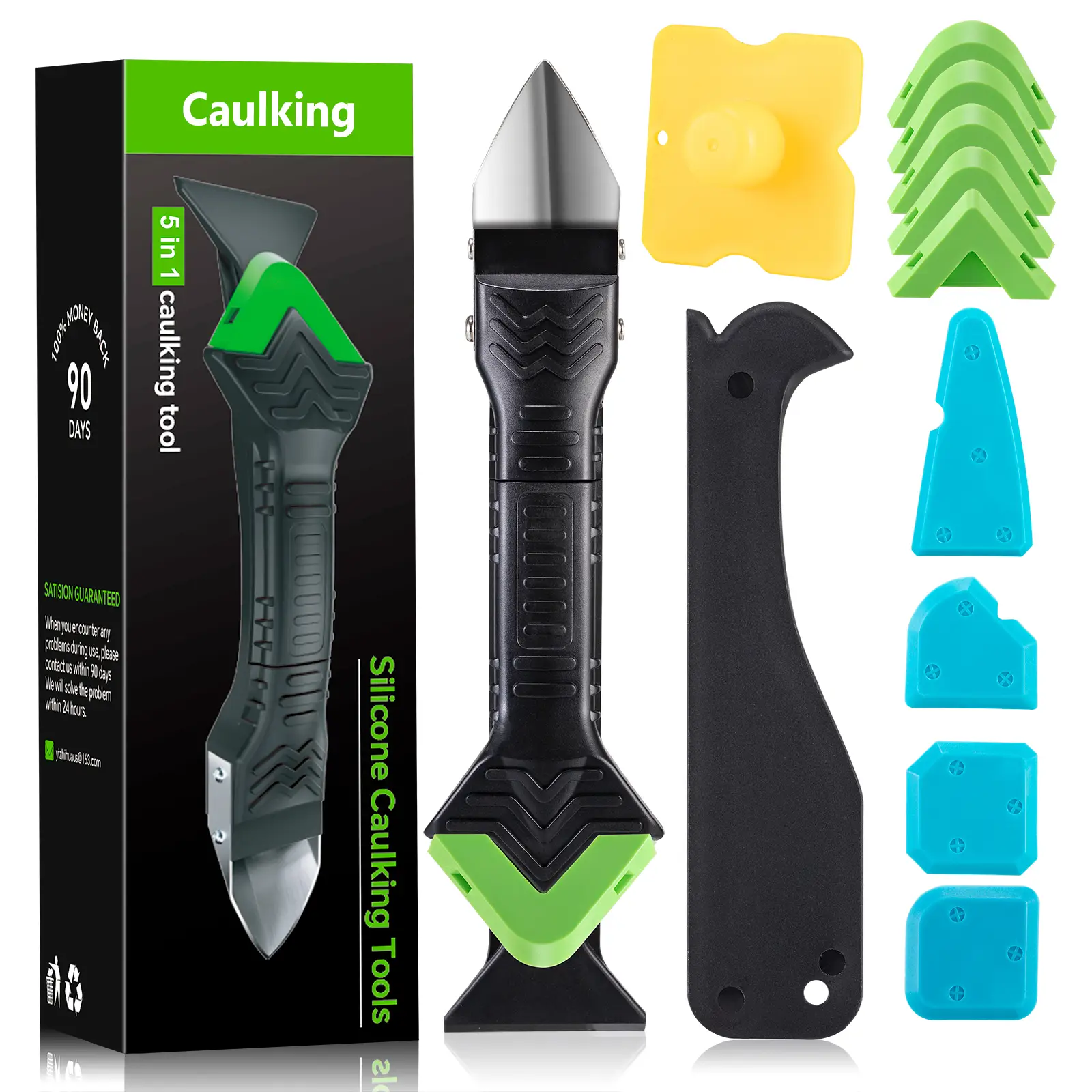 Silicone Caulking Tool 5 in 1 - Sealant, Grout Removal Tool, Grout Scraper, 6 Exchange Silicone Pads, Seam Repair Tool Kit for Kitchen & Bathroom