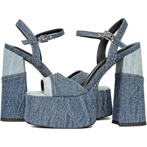 Platform Heels for Women Denim Chunky High Heel Sandals Peep Open Toe Ankle Buckle Strap Backless Heeled Sandals Casual Comfort Dress Sandals Shoes