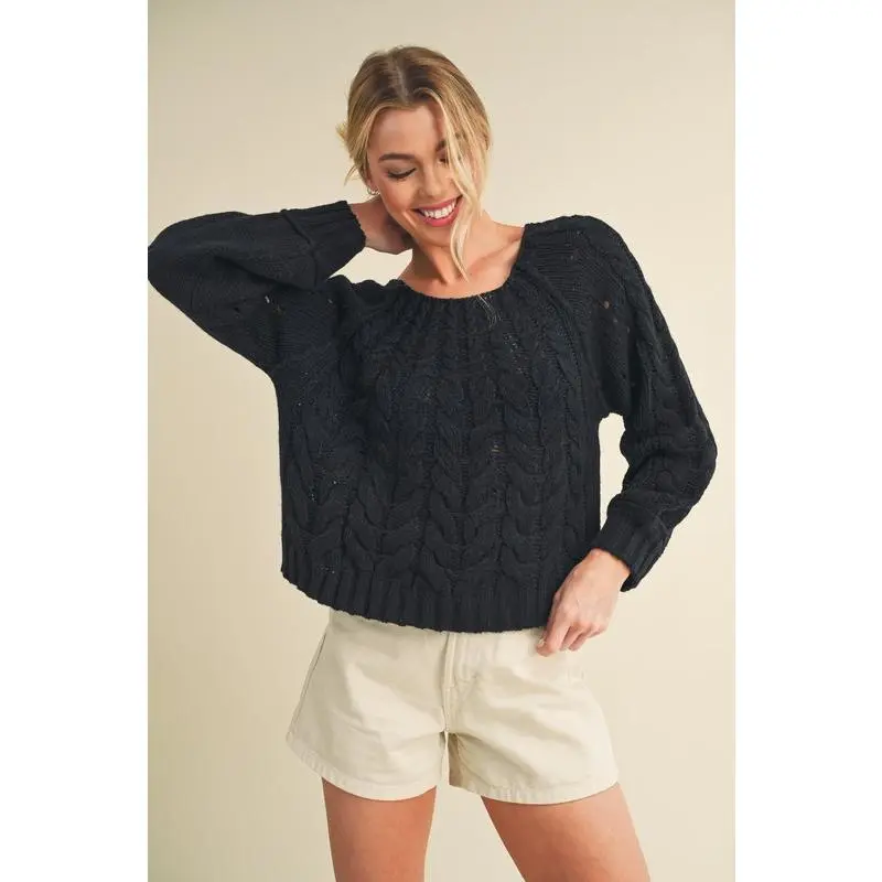 Aemi + Co Cable-Knit Openwork Round Neck Sweater
