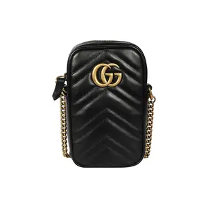 Gucci GG Marmont Leather Mini Crossbody Phone Bag with Chain and Quilted Logo for Women in Black