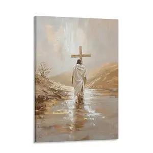Jesus Carrying Cross Canvas Wall Art - Textured Earth Tone Christian Home Decor - Faith Based Religious Painting Print for Living Room & Bedroom "He Carried It" Ornaments