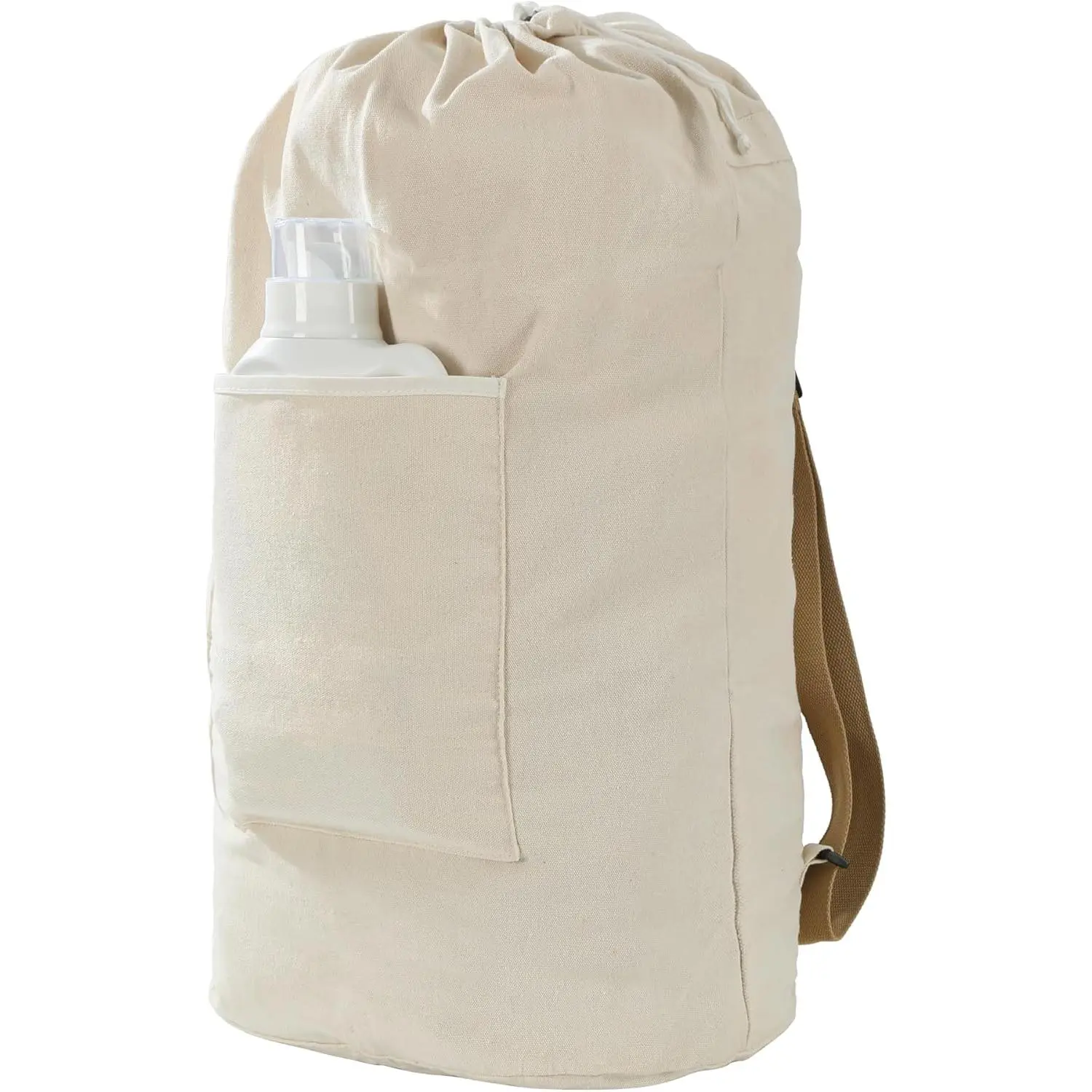 Extra Large Beige Canvas Laundry Backpack - Washable, Adjustable Shoulder Strap, Large Front Pocket, Drawstring Closure - Home Supplies Laundry Tool & Accessory