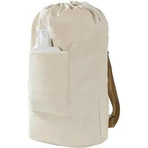 Canvas Laundry Bag, Washable Laundry Backpack, Adjustable Shoulder Strap, Large Front Pocket, Drawstring Closure (Beige, Extra Large)