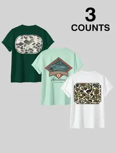Men's Casual Fashion Graphic Print T-Shirt, Camo & Duck Pattern Short Sleeve, Regular Fit Summer Top, Outdoor Activity Clothing, Menswear