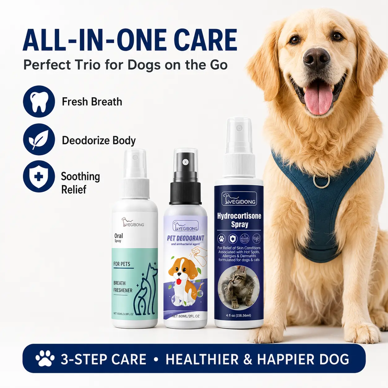 3-in-1 Vet-Recommended Pet Care Spray Bundle for Dogs & Cats - Daily Grooming Essential with Skin Care, Breath Freshening, Odor Control