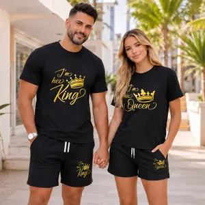 Couples’ Romantic King Queen Graphic T-Shirt and Shorts Set, Casual Summer Two-Piece Outfit with Drawstring Shorts for Home and Outdoor Activities