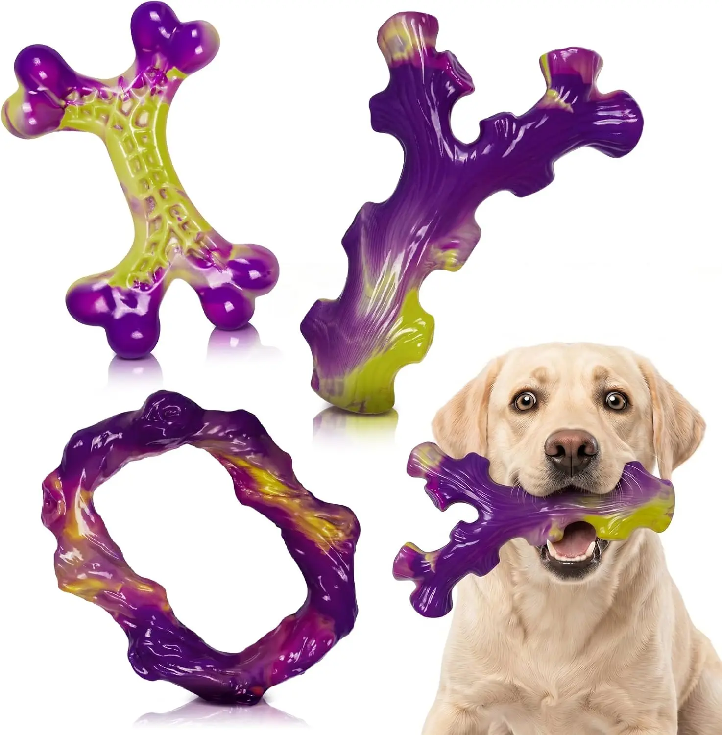 3 Pack Tough Dog Toys for Aggressive Chewers , Indestructible Dog Toy for Large Dogs, Bacon Flavored, Keeps Dogs Busy