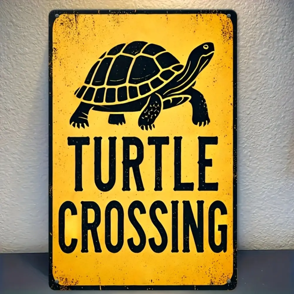 2D Flat, 1Pc Vintage Turtle Crossing Sign, Vintage Garage Signs - Heavy Duty Iron Vintage Road Safety Sign with Turtle Decor, 20.32x30.48 cm (8x12 Inch) Wall Mount for Outdoor/Indoor - Turtle Crossing for Home, Garage, Garden Decoration
