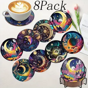 8 Pack Mystical Moon Diamond Art Coasters Kit with Holder | DIY Diamond Painting Coasters for Beginners Adults Kids | Art Craft Supplies