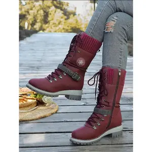 Large Size 35-43 New Style Men Women Front Lace-Up Knight Boots Winter Mid-Calf Round Toe Knit Patchwork Boots