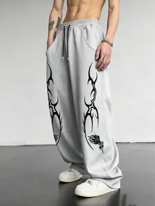 TikTok Trending! Black Drawstring Long Sweatpants with Edgy White Geometric Graphic Prints, Ideal for Streetwear and Casual Urban Looks