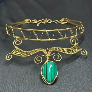 Handmade Malachite Wire Wrapped Choker Egyptian Inspired Crystal Necklace with Rainbow Hematite Accent Brass Wire Design