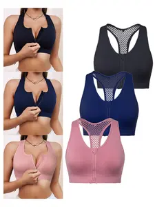 3 pcs Women's Wireless Push-Up Sports Bra Set Front Zipper Backless Design Breathable Hollow Out Summer Underwear SpringStatements
