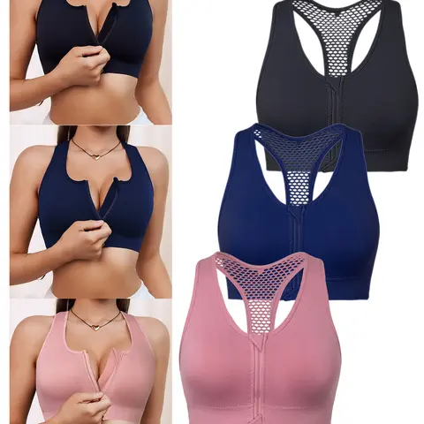 3 pcs Women's Wireless Push-Up Sports Bra Set Front Zipper Backless Design Breathable Hollow Out Summer Underwear SpringStatements