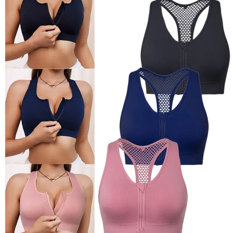 3 pcs Women's Wireless Push-Up Sports Bra Set Front Zipper Backless Design Breathable Hollow Out Summer Underwear SpringStatements