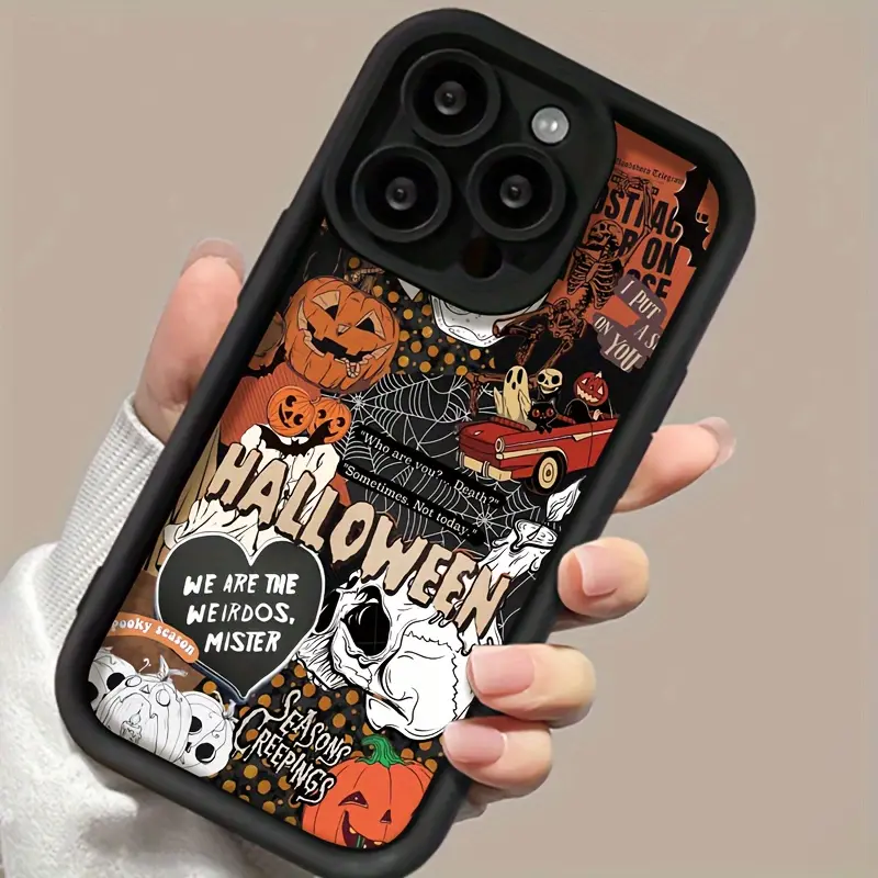 Black Halloween Skull 2D Printing Smartphone Case - Handheld Cellphone Casing for iPhone 17 Pro Max,16,16e,15,14 Plus,13,12 Mini,11,Air,X,XS - TPU Silicone, Waterproof, Drop & Lens Protection, Durable Soft Cover, Accessories Gift
