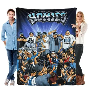 Homies Chicano Hip Hop Party Style Printed Flannel Fleece Throw Blanket, Ultra Soft Cozy All Season Sofa Bed Cover, Urban Latino Culture Home Decor, Ideal Holiday Birthday Gift For Homies Street Art Fans