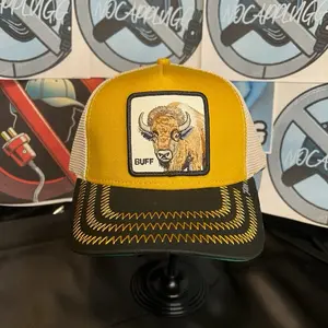 Buff Patch Trucker Cap with Bison Embroidery Yellow and Black Design by NOCAPPLUG