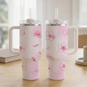 40oz 20oz Cherry Blossom Tumbler with Handle, Pink Floral Insulated Cup with Straw for Daily Hydration, Handle, Lid & Straw, Hot Cold Cup