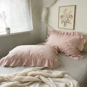 Elegant Pink Ruffled Pillow Cases Set of 2, Cozy Soft Envelope Closure Pillow Shams, Pure Cotton Frill Trim Pillow Covers, Classic Blush Pink, Standard Size, Perfect for Farmhouse & Cottage Bedroom Decor