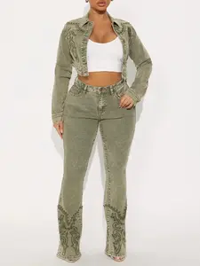 Letting It Ride Stretch Embellished Flare Jeans - Olive