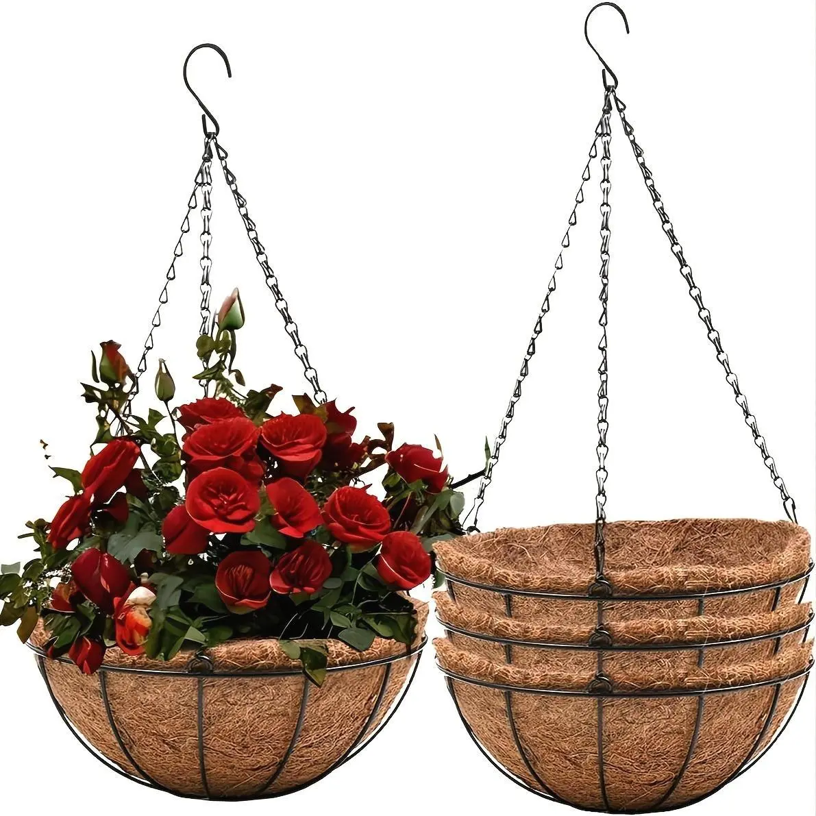 Hanging Flowerpot Basket Set (3pcs), Rust Proof Metal Chain And 10Inch with Coconut Padding, Perfect for Indoor And Outdoor Garden, Porch, And Balcony Decoration