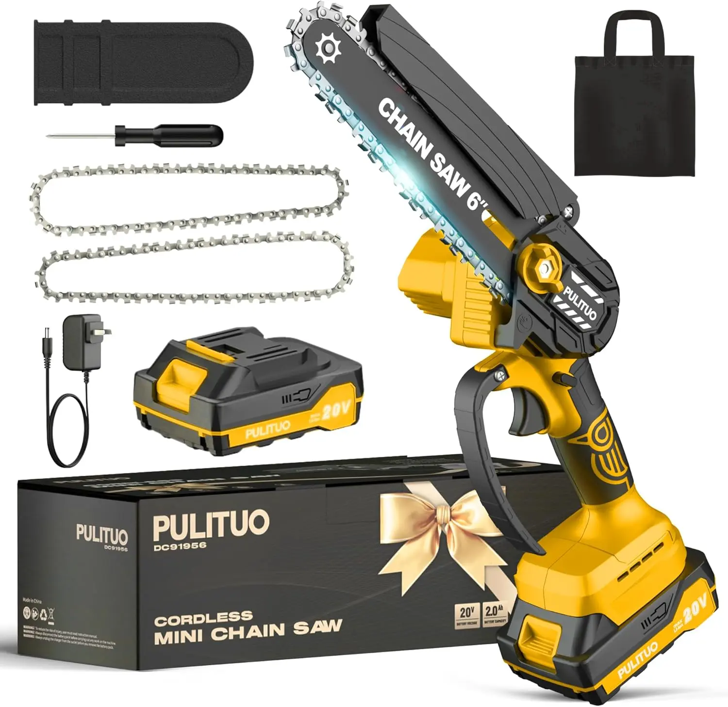 PULITUO Cordless 6" Mini Handheld Chainsaw Power Tool Kit, 2000mAh Battery, 2 Chains, Storage Bag, 2.8LBS Lightweight for Garden Pruning