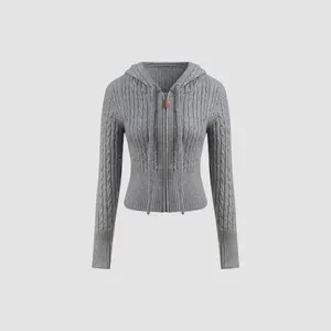 Cider [size 2-26] Cable Knit Hooded Solid Zipper Cardigan