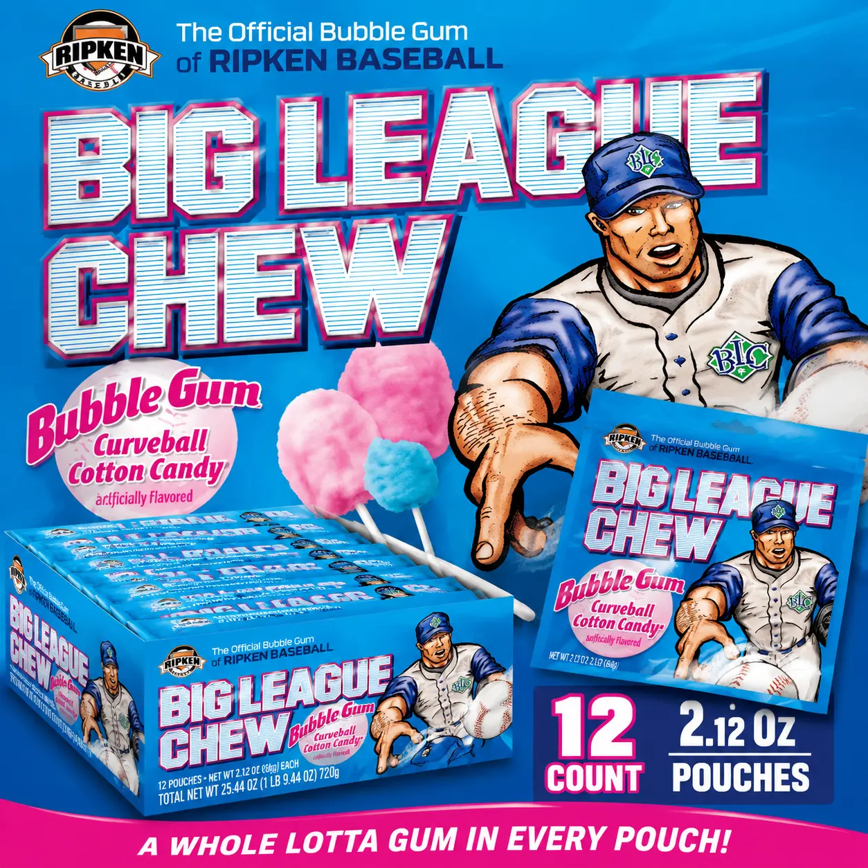 Big League Chew Curveball Cotton Candy Bubble Gum 2.12 oz 12 Count  Shredded Cotton Candy Flavor Gum | Classic Sports Candy Fun